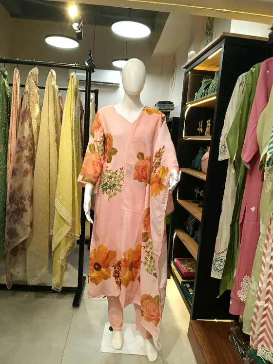 Peach Printed Straight Suit (R285)