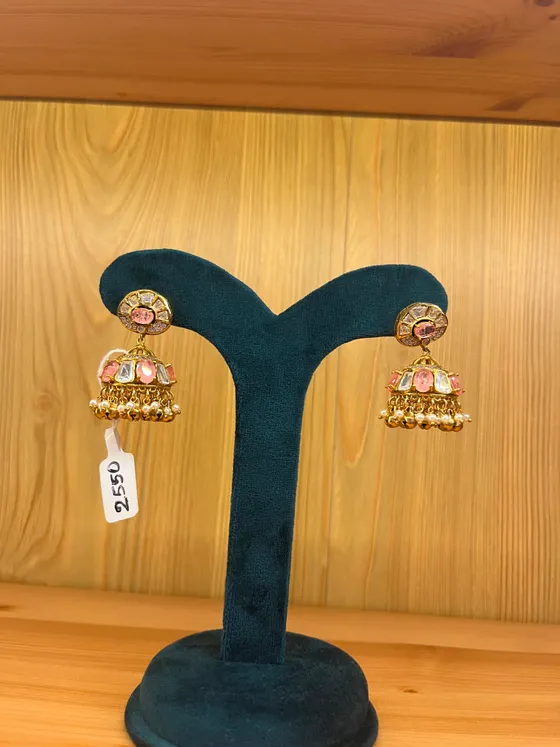 Pink Stone Polki Jhumka Earrings