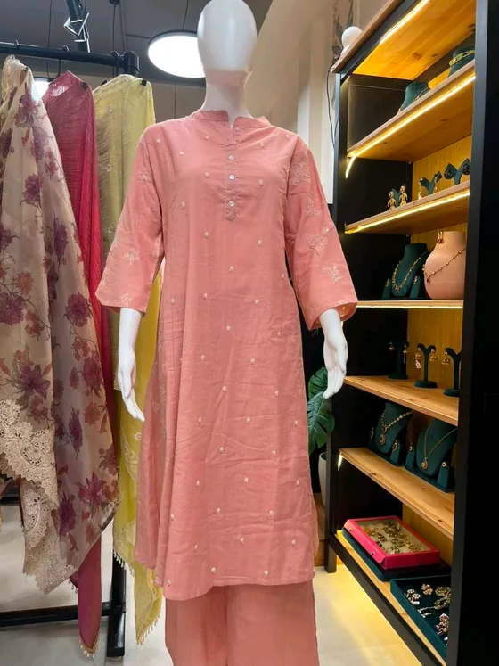 Peach Cotton Embroidered Kurta Set (R0098)