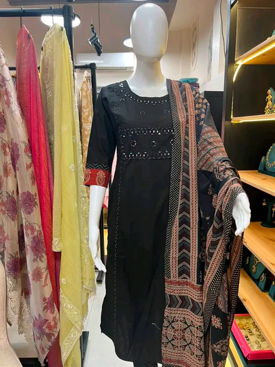 Black Cotton Mirror Work Straight Suit (R0088)