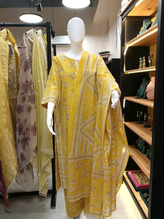 Yellow Printed Straight Suit (R338)