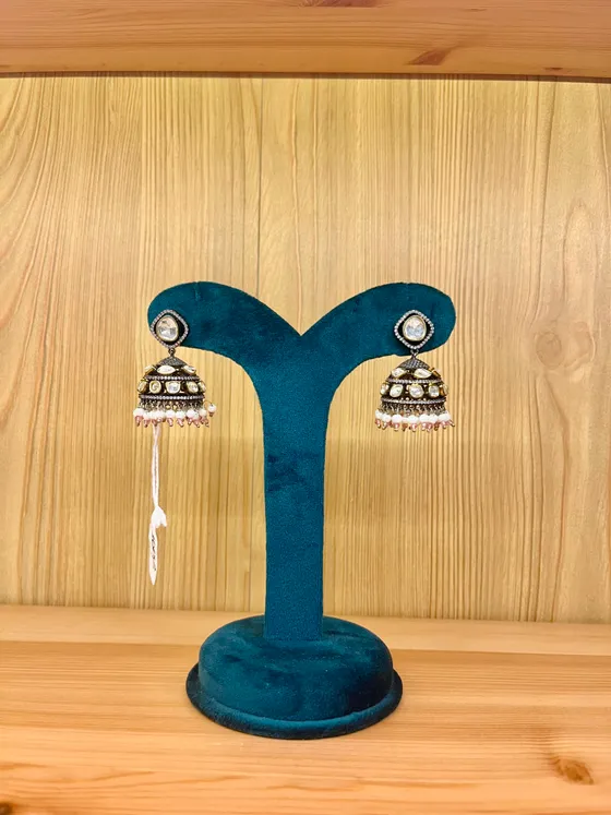 Polki Stone Oxidised Silver Jhumka Earrings