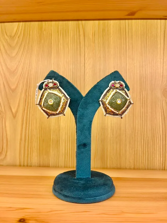Green Stone Pearl Gold-Toned Earrings