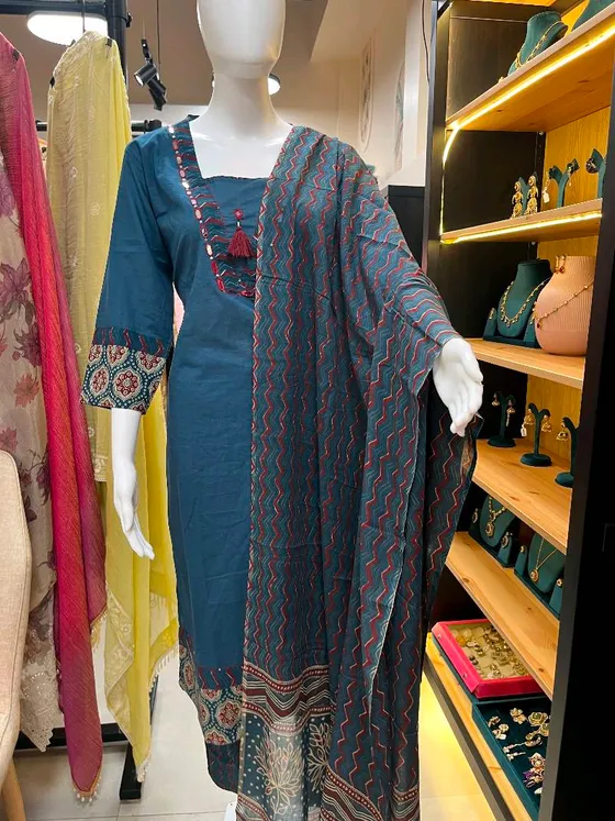 Teal Cotton Printed Kurta Set (R0079)