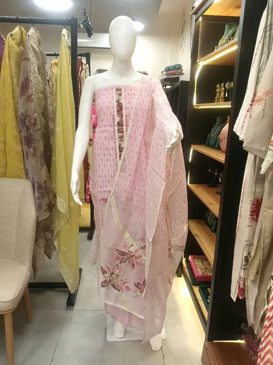 Pink Printed Embroidered Unstitched Dress Material (D0317)