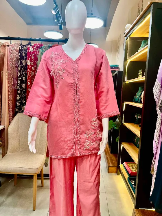 Pink Embroidered Palazzo Suit (R347)