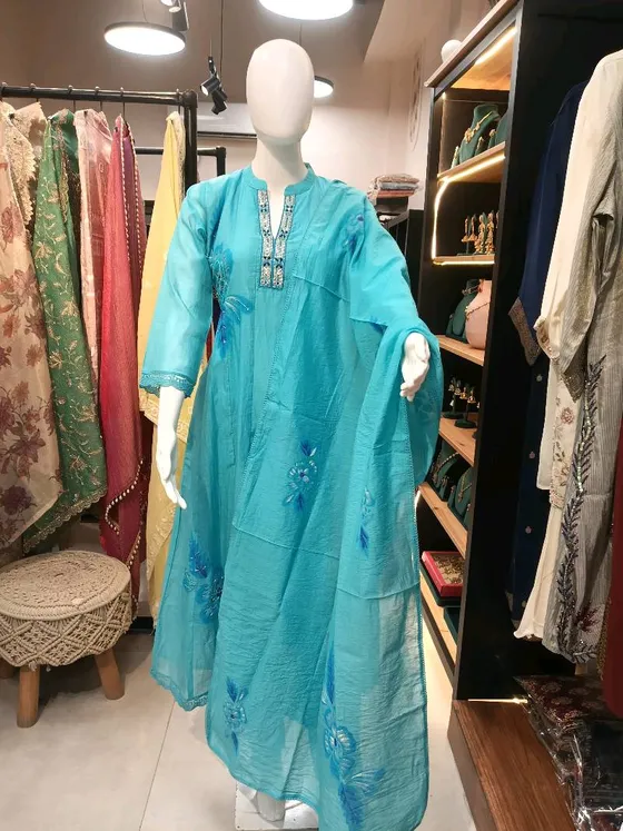 Turquoise Blue Organza Embroidered Kurta Suit (R266)