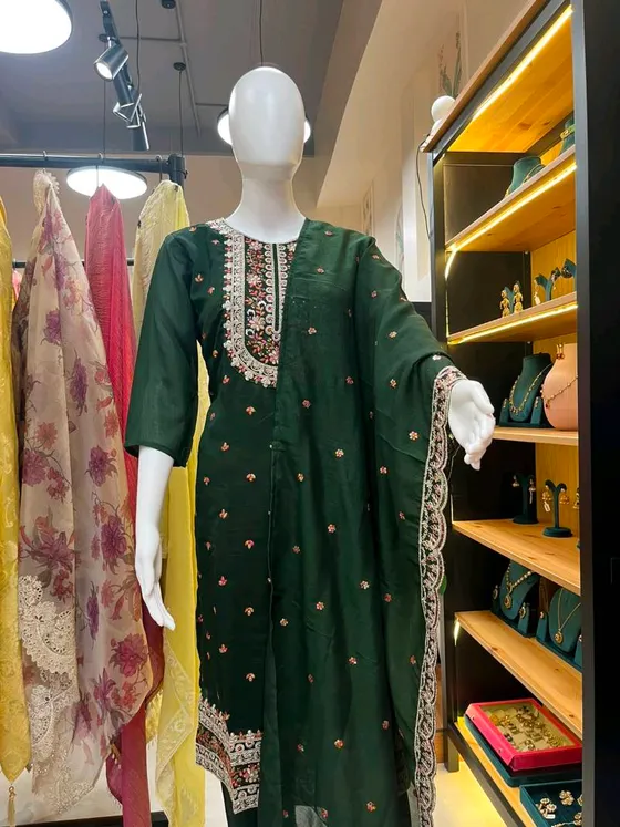 Dark Green Embroidered Straight Suit (RM)