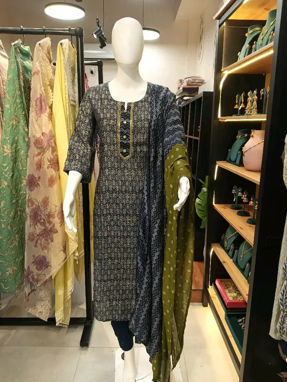 Navy Blue and Olive Green Printed Straight Suit (R0071)