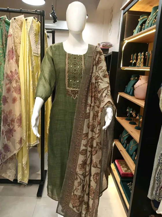 Olive Green Embroidered Straight Suit (R0117)
