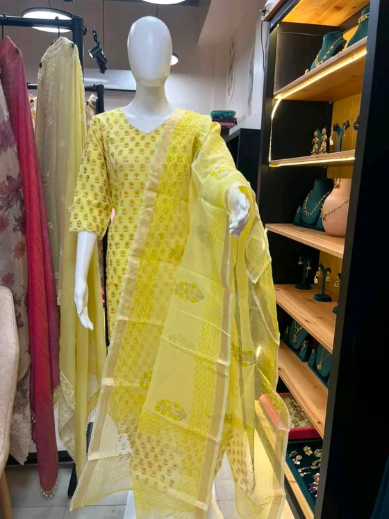 Yellow Printed Straight Suit (R112)