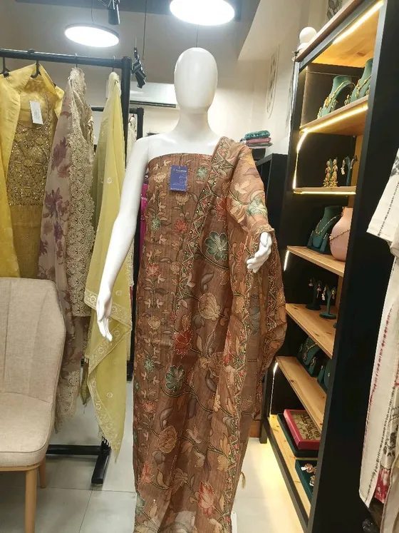 Brown Organza Printed Embroidered Unstitched Dress Material (D0191)