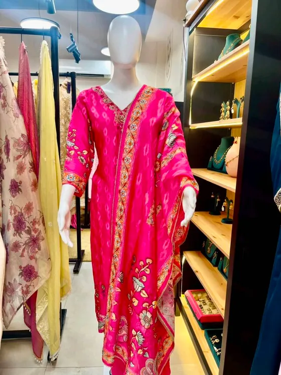 Pink Printed and Embroidered Straight Suit (R0193)