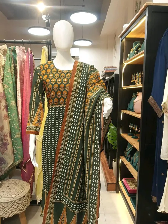 Dark Green Printed Straight Suit (R269)
