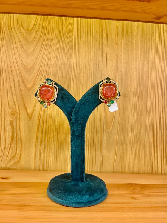 Coral Stone Gold-Toned Stud Earrings
