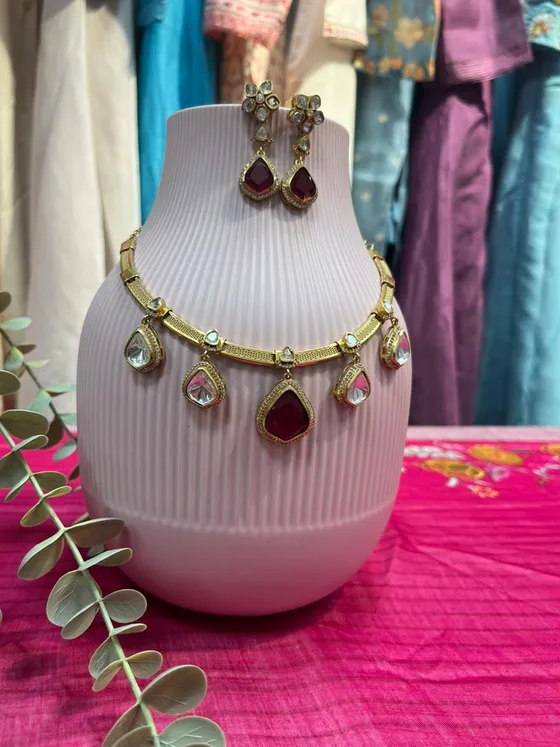 Ruby Polki Stone Necklace & Earring Set