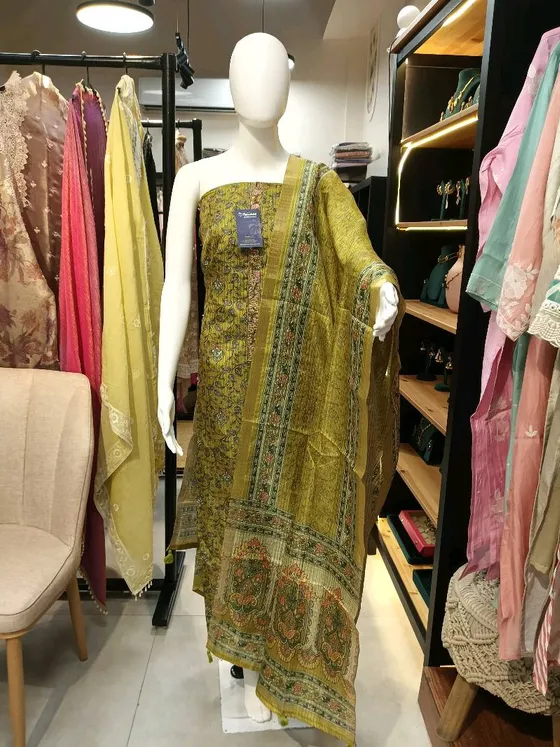 Olive Green Printed Unstitched Dress Material (D0259)