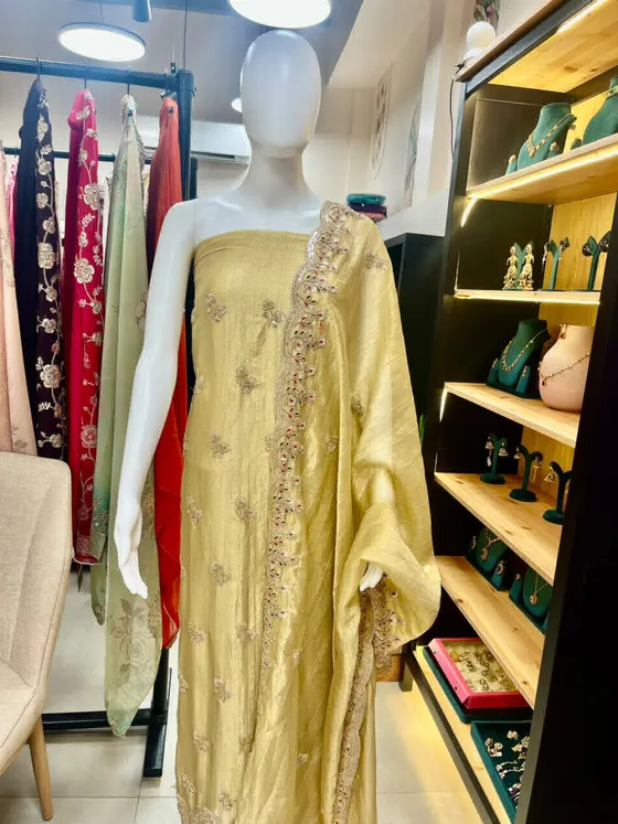 Golden Embroidered Unstitched Dress Material (D456)