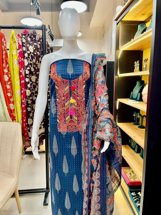 Navy Blue Embroidered and Printed Unstitched Dress Material (D475)