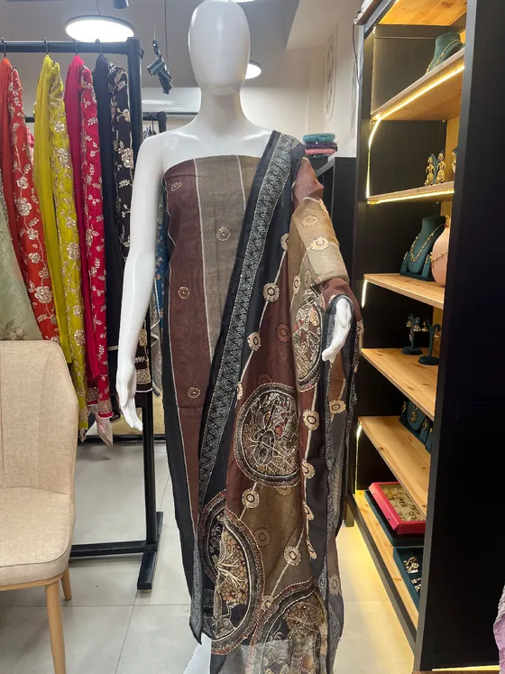 Brown Printed Unstitched Dress Material (D458)