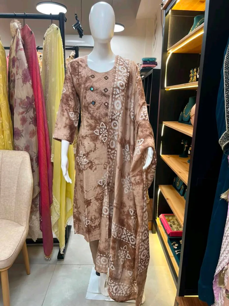 Brown and Beige Printed Straight Suit (R185)