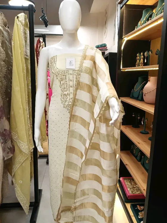 Cream Embroidered Unstitched Dress Material (D0265)