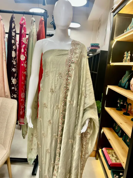 Sage Green Embroidered Unstitched Dress Material (D456)