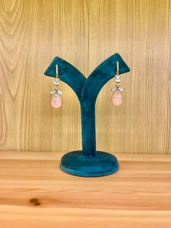 Pink Stone Gold Toned Drop Earrings