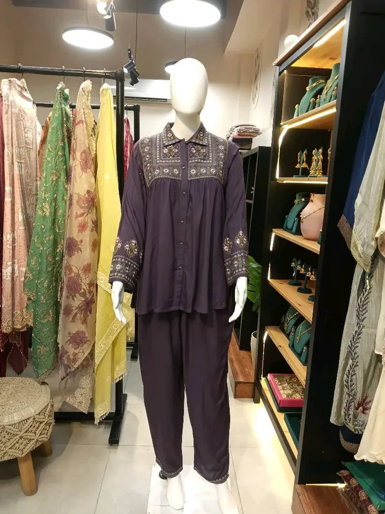 Purple Cotton Embroidered Kurta Set (R177)