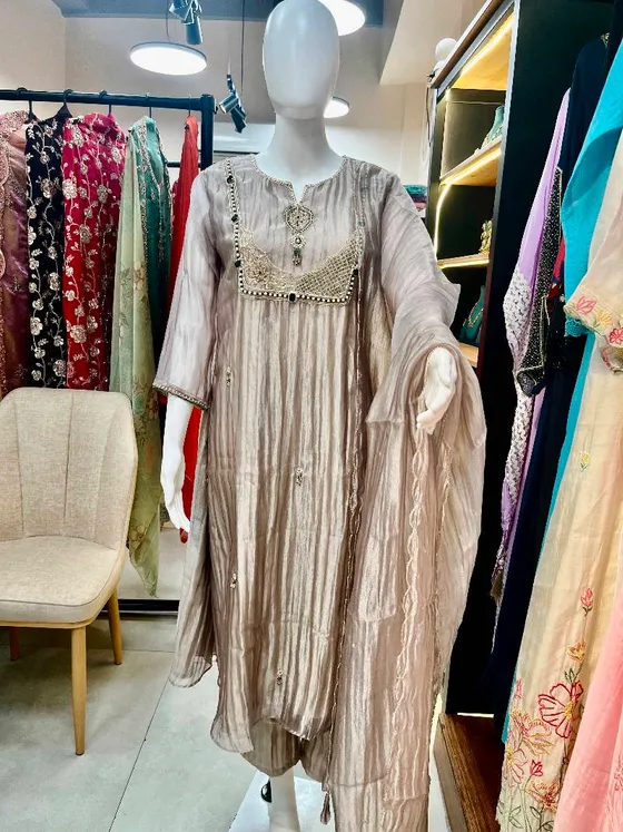 Taupe Embellished Kurta Set (R358)