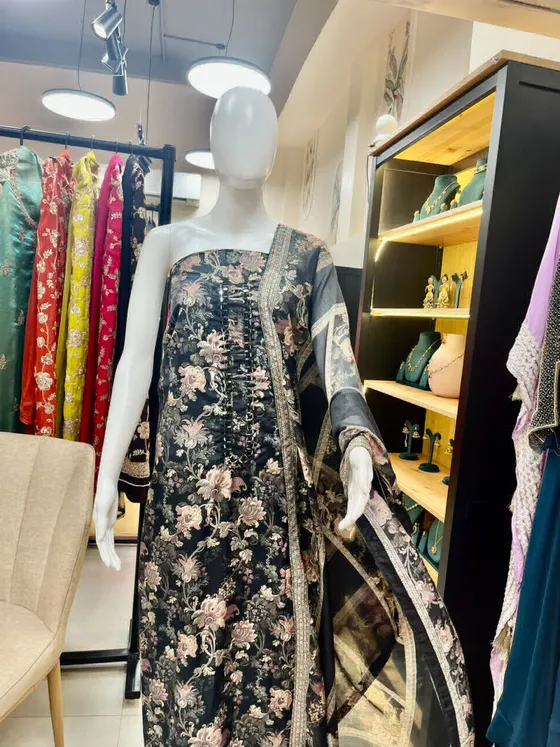 Black Printed Embroidered Unstitched Dress Material (D473)