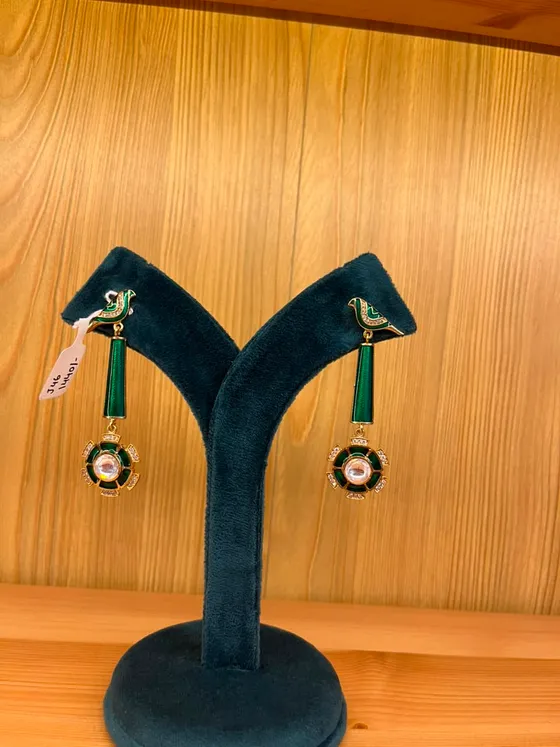Green Meenakari Stone Drop Earrings