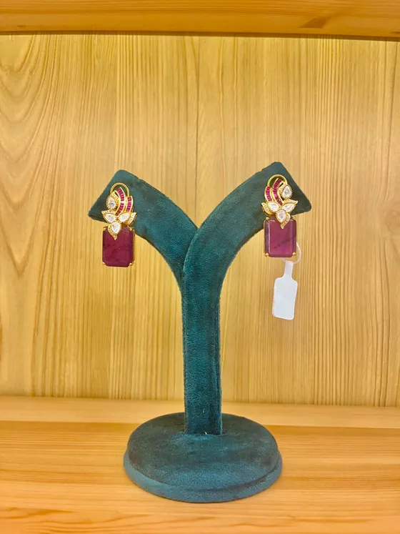 Maroon Stone Gold Plated Drop Earrings