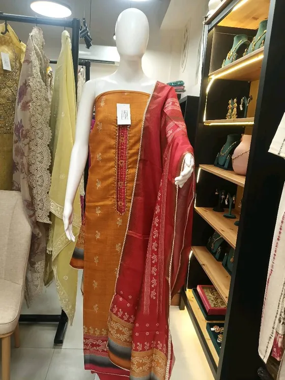 Orange and Red Silk Embroidered Dress Material (D0142)