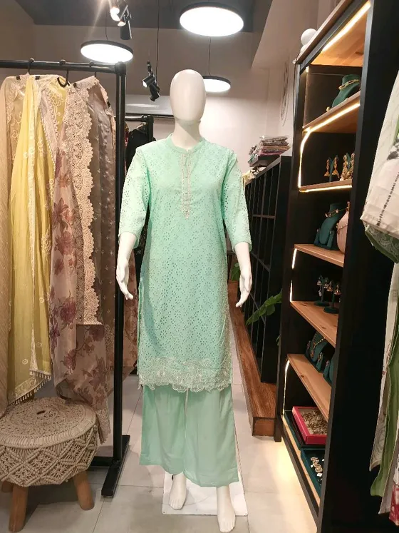 Mint Green Cotton Embroidered Straight Suit (R300)