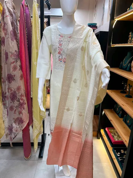 Off-white Embroidered Straight Suit (R217)