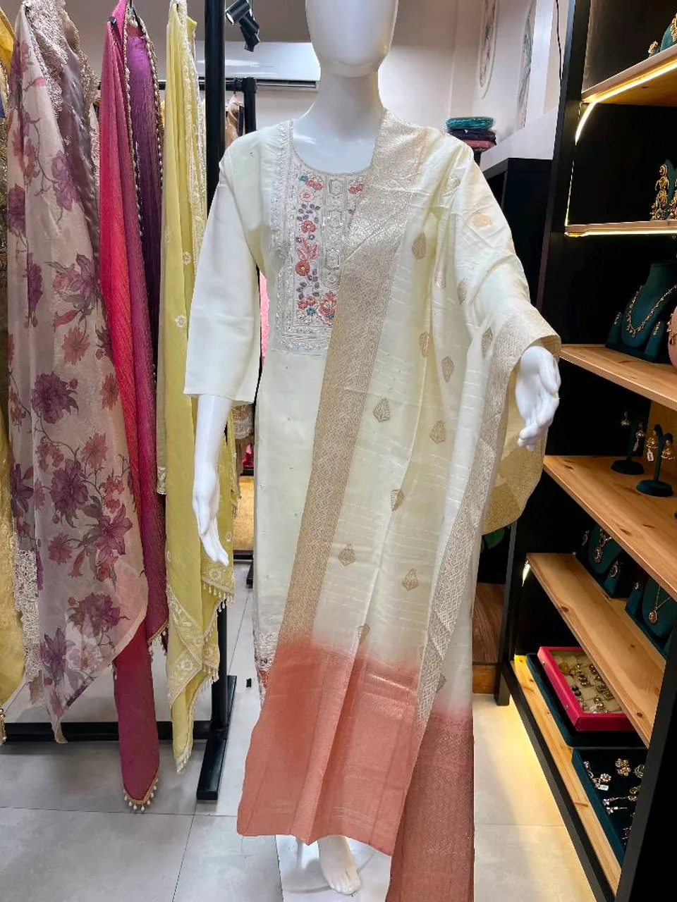 Off-white Embroidered Straight Suit (R217)