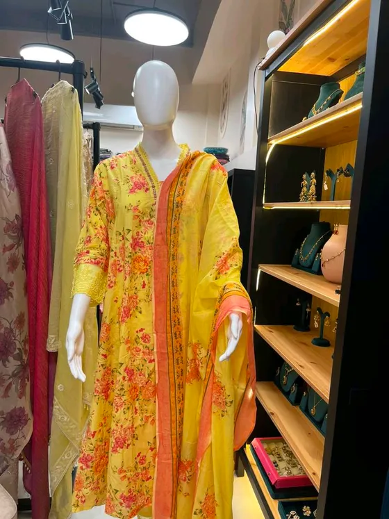 Yellow Printed Straight Suit (R215)