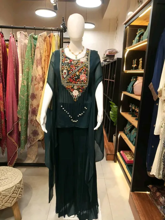 Deep Green Georgette Embroidered Palazzo Suit (R146)