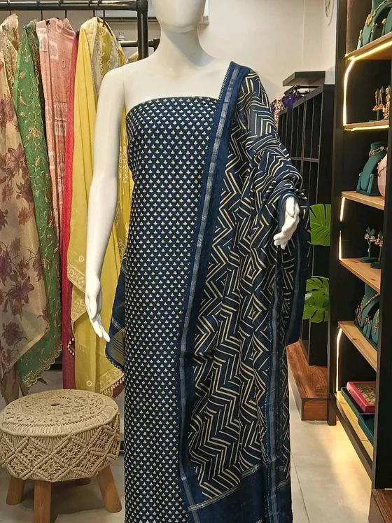 Navy Blue Cotton Printed Unstitched Dress Material (D439)