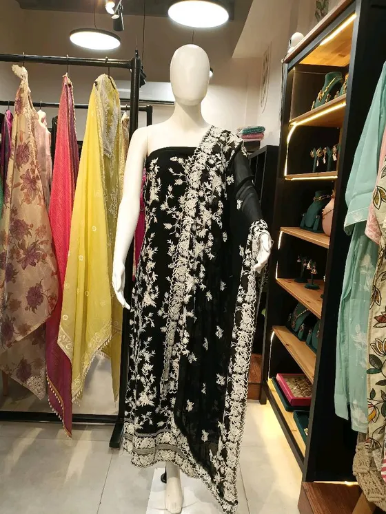 Black Georgette Embroidered Dress Material (D0229)