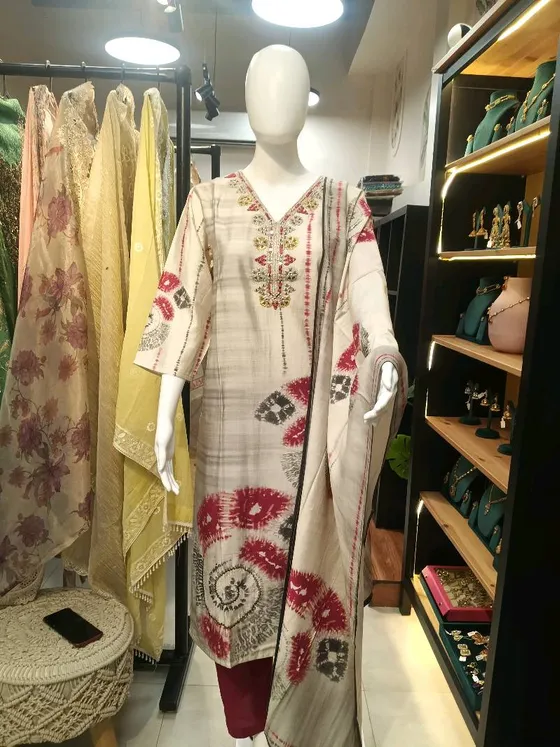 Beige Embroidered Printed Straight Suit (R295)