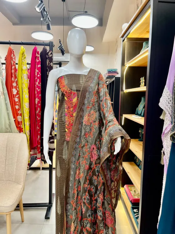 Brown Printed Unstitched Dress Material (D475)