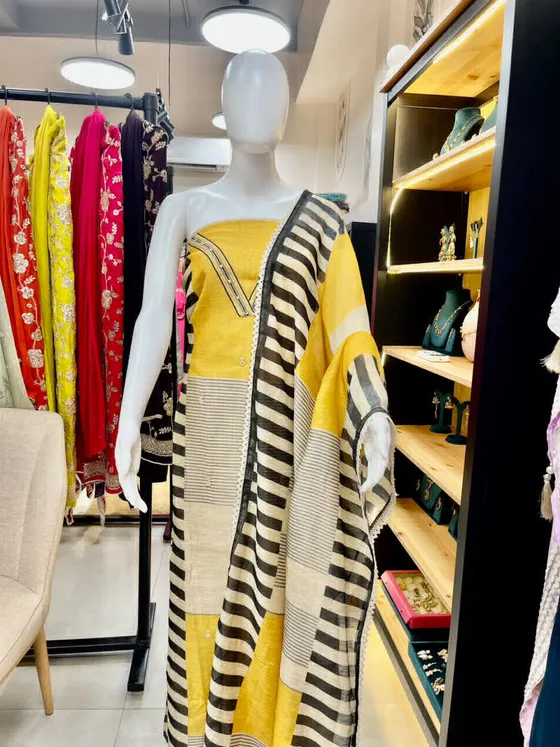 Yellow Printed Cotton Dress Material (D474)