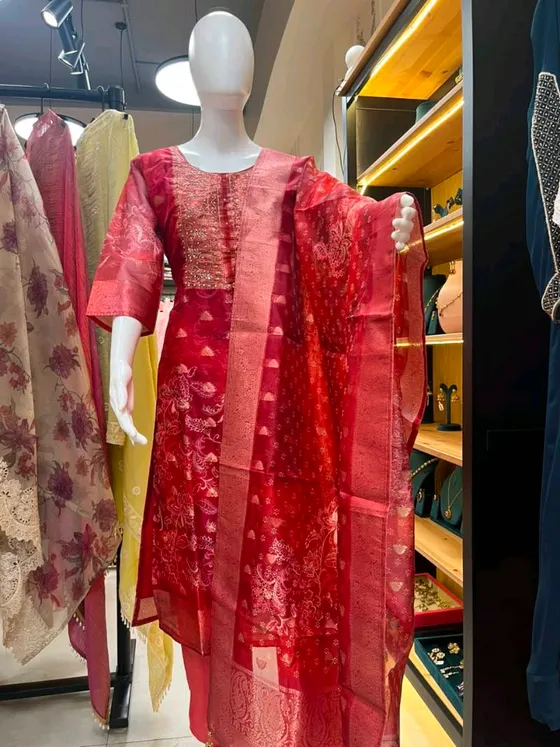 Red Embroidered and Printed Straight Suit (R0134)