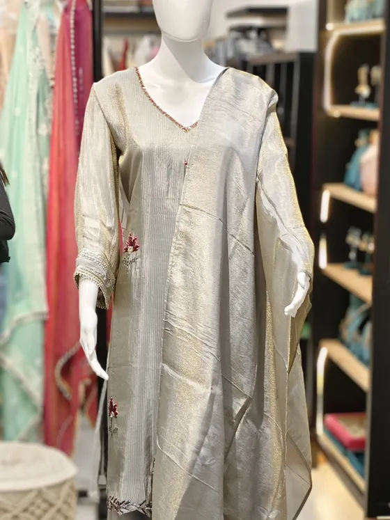 Silver Grey Organza Embroidered Palazzo Suit (R276)