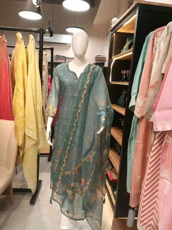 Teal Organza Printed Straight Suit (R312)