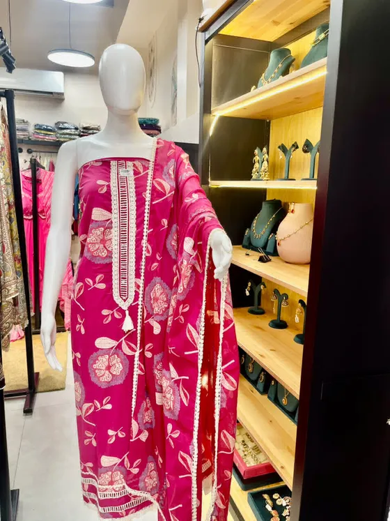 Fuchsia Printed Lace Dress Material (D472)